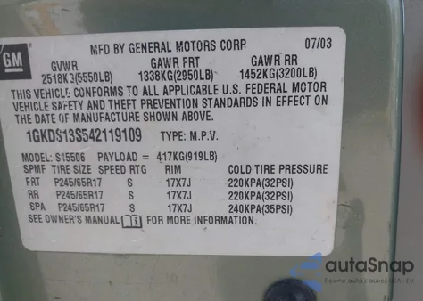 2004 GMC Envoy Slt z USA, uszkodzony, nr VIN 1GKDS13S542119109